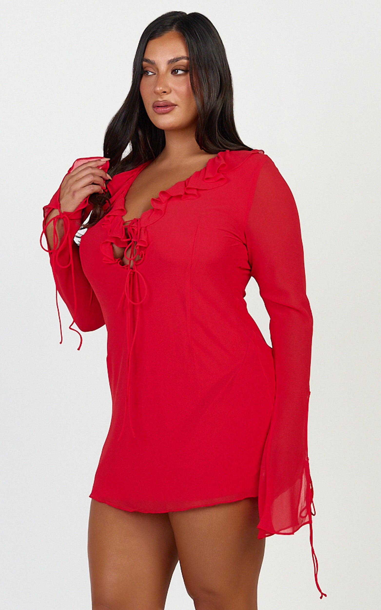 Alesya Mini Dress - Ruffle Plunge Neck Long Sleeve Tie Detail Dress in Red