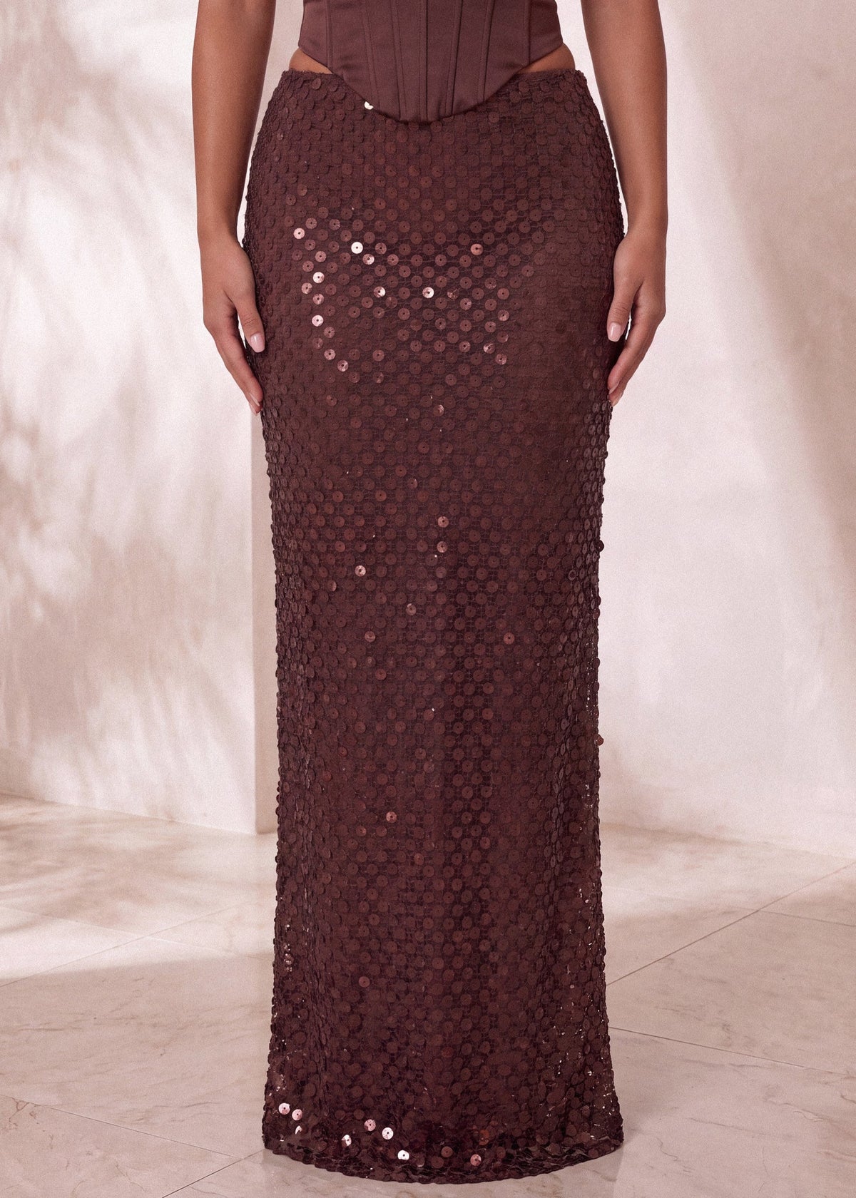 Dream Away Sequin Maxi Skirt - Brown