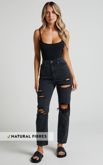 Billie Jeans - High Waisted Cotton Distressed Mom Denim Jeans in Black Wash