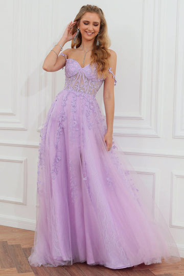 Purple Off the Shoulder Long Prom Dress with Appliques