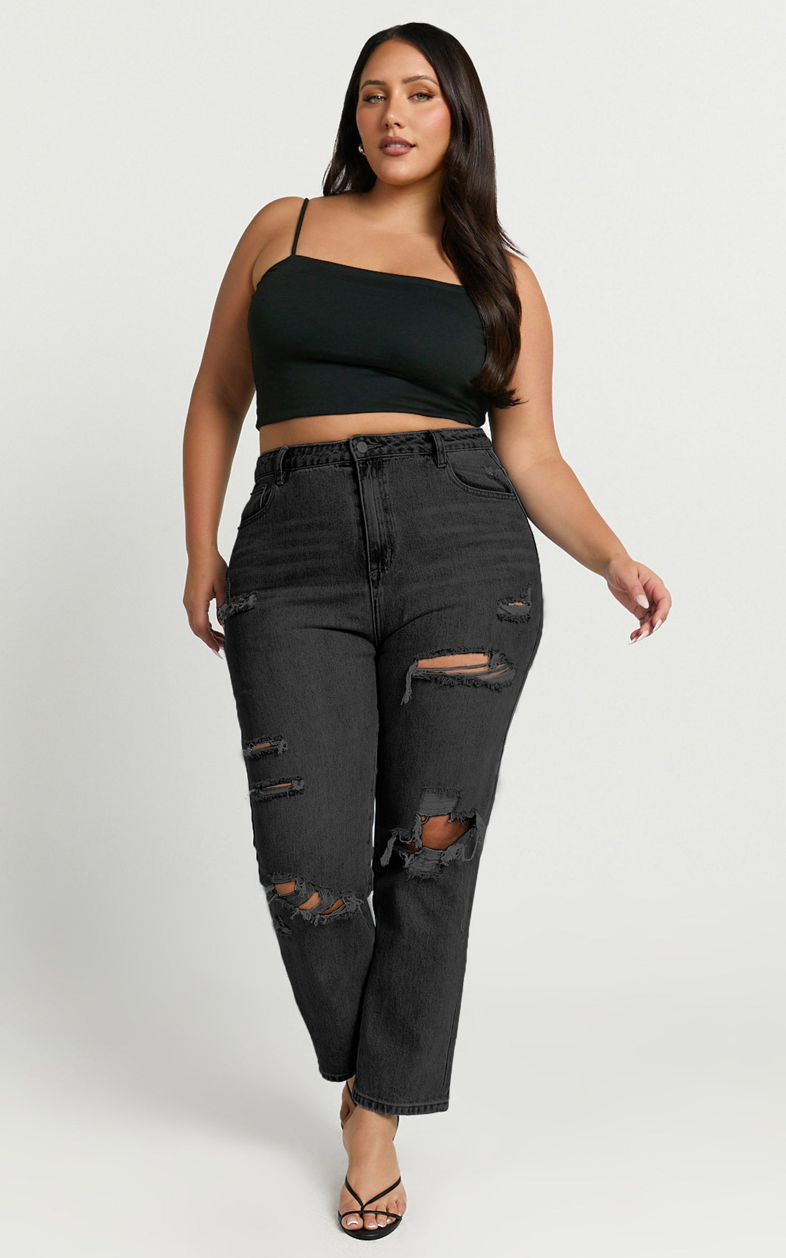 Billie Jeans - High Waisted Cotton Distressed Mom Denim Jeans in Black Wash