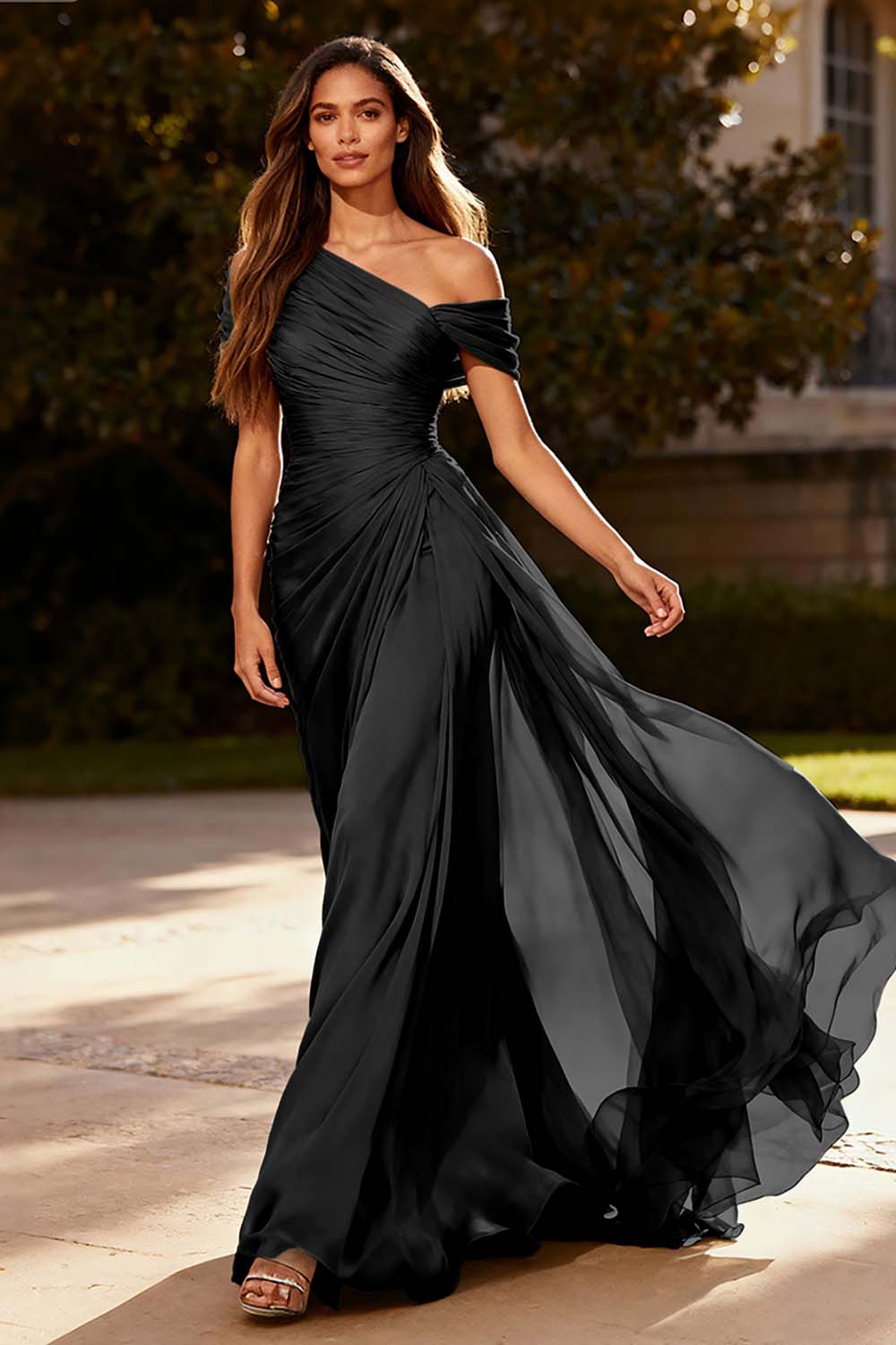 Plus Size Dusty Sage Chiffon A Line Ruched Long Formal Dress with Side Cape