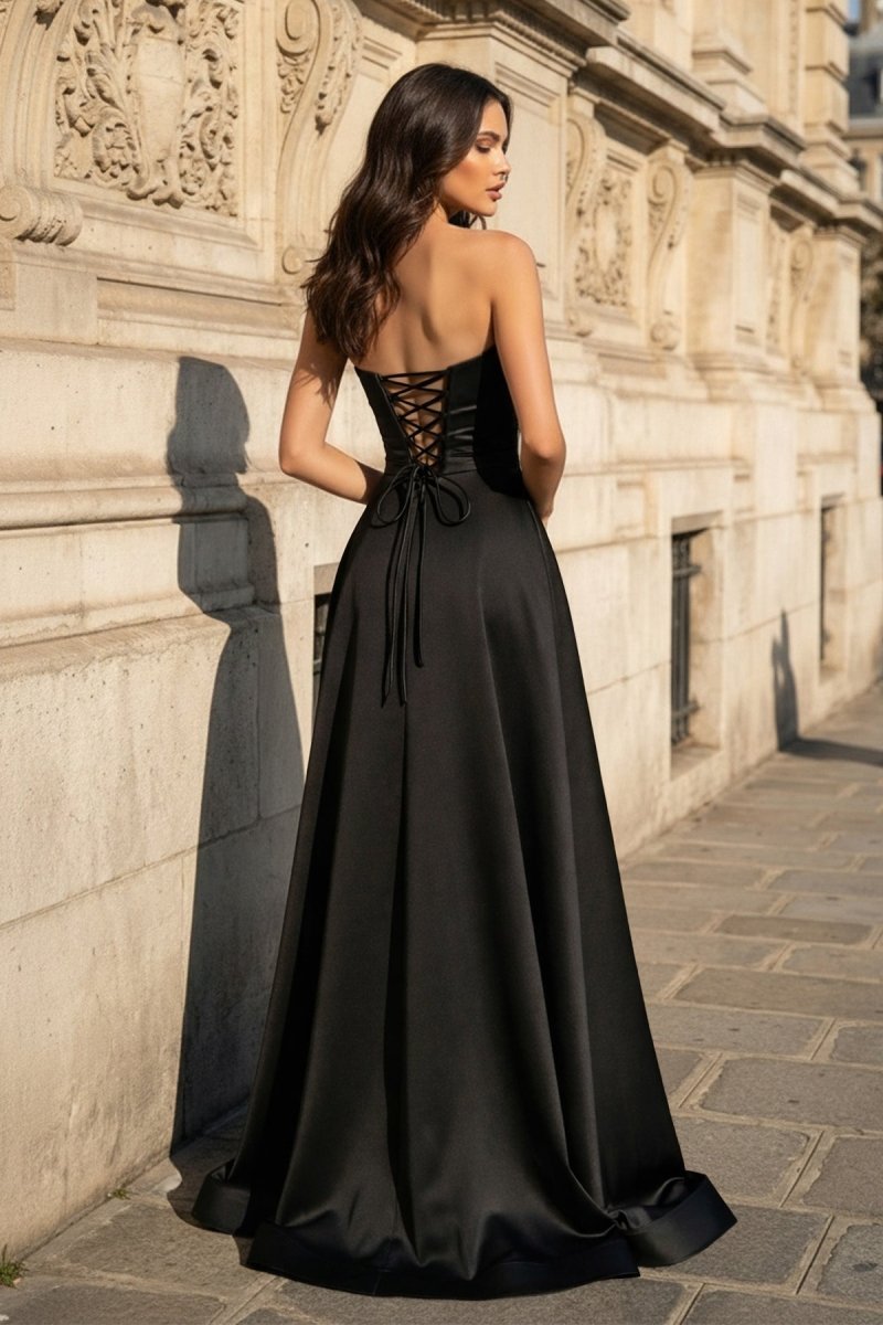 A Line Black Strapless Satin Prom Dresses With Slit
