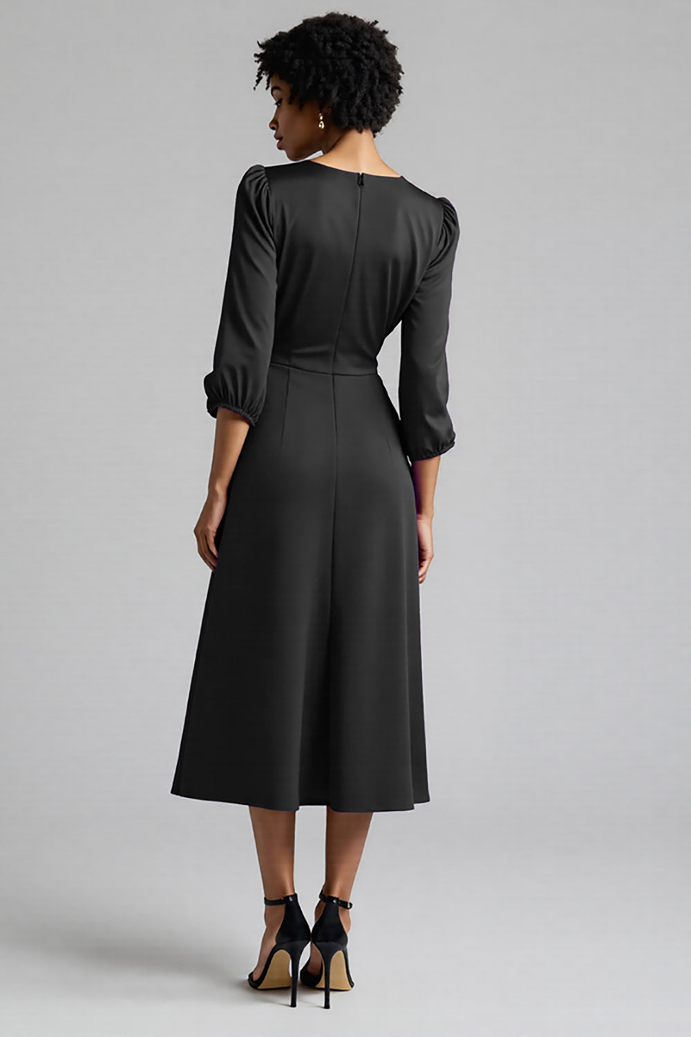 Plum Satin A Line Midi Ruched Work Dress with Half Sleeves