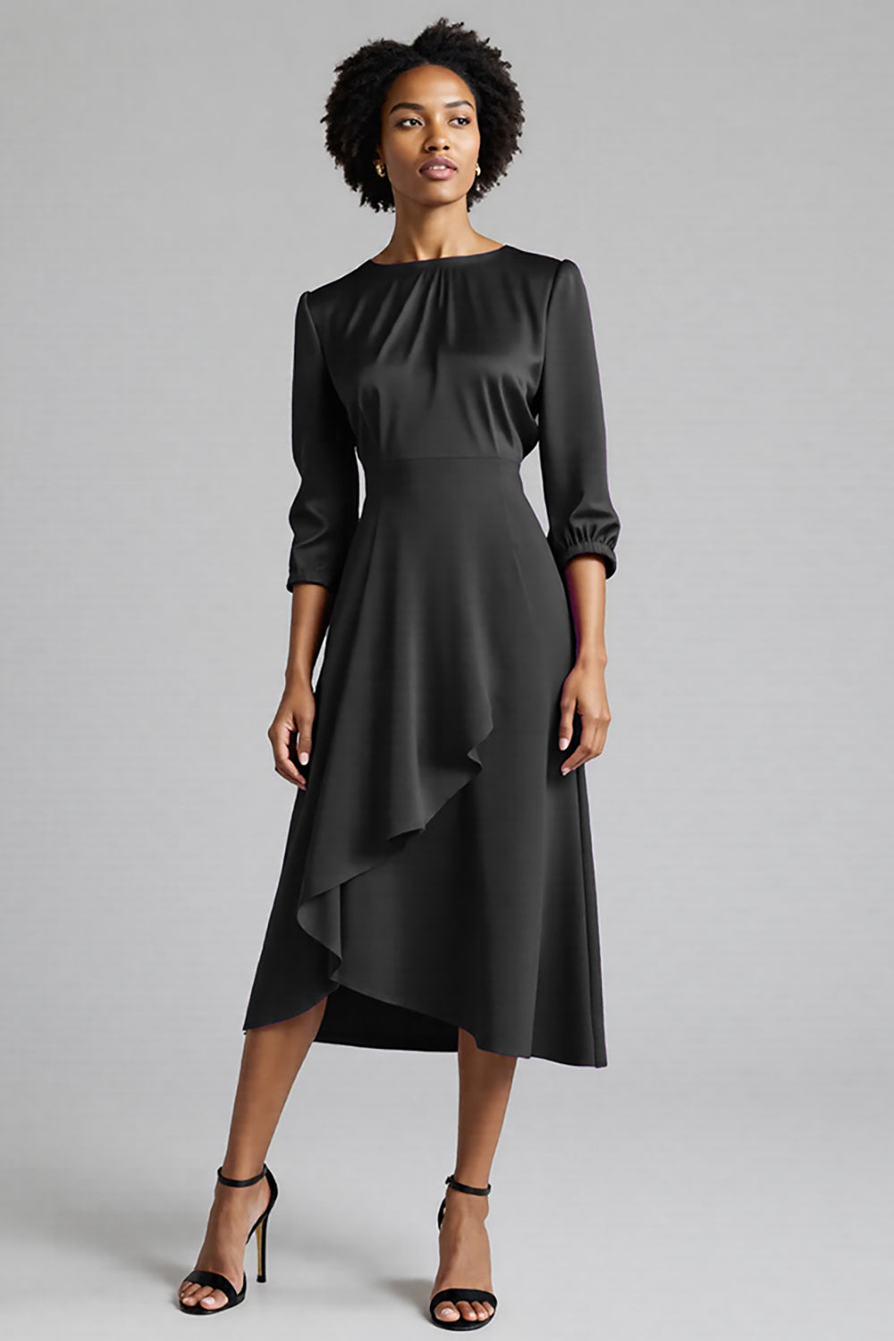 Plum Satin A Line Midi Ruched Work Dress with Half Sleeves