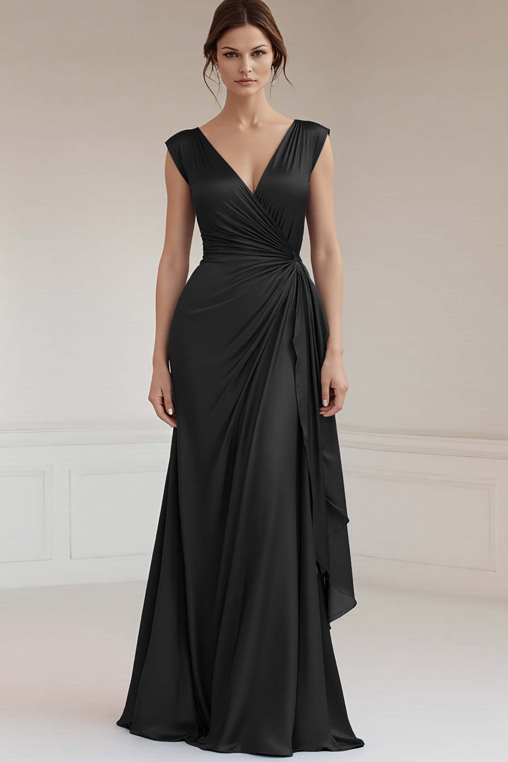 Peacock V-Neck Sheath Ruched Long Formal Dress with Ruffles