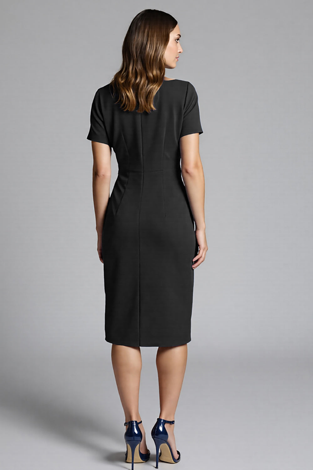 Royal Blue Bateau Neck Bodycon Ruched Midi Satin Work Dress with Sleeves