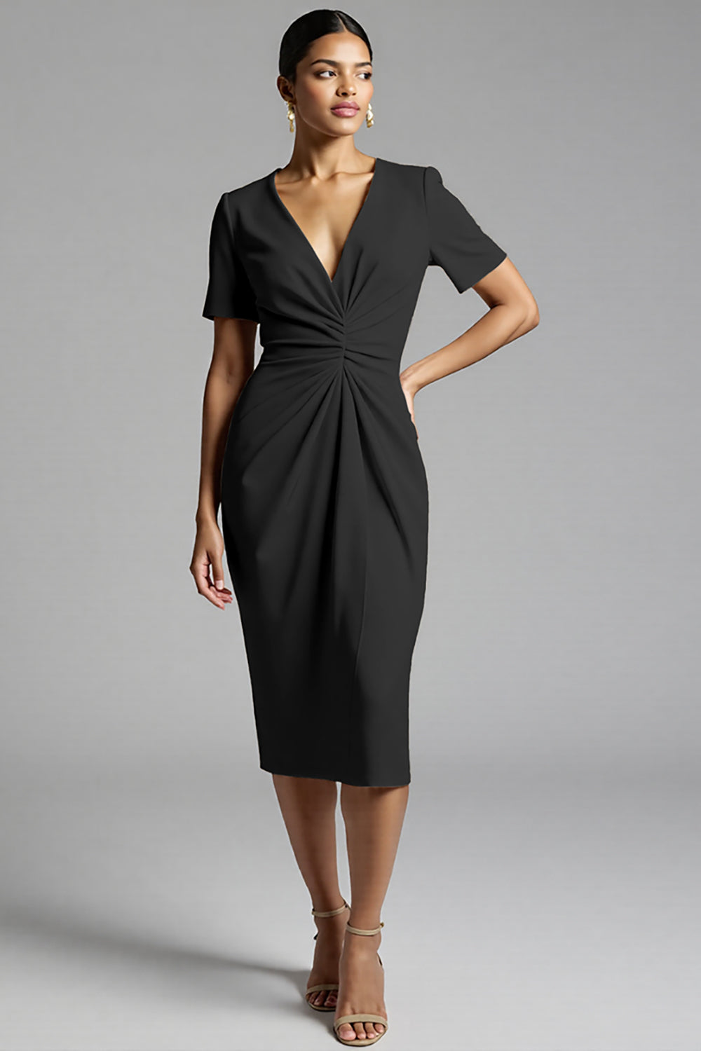 Tahiti V-Neck Bodycon Midi Satin Work Dress with Short Sleeves