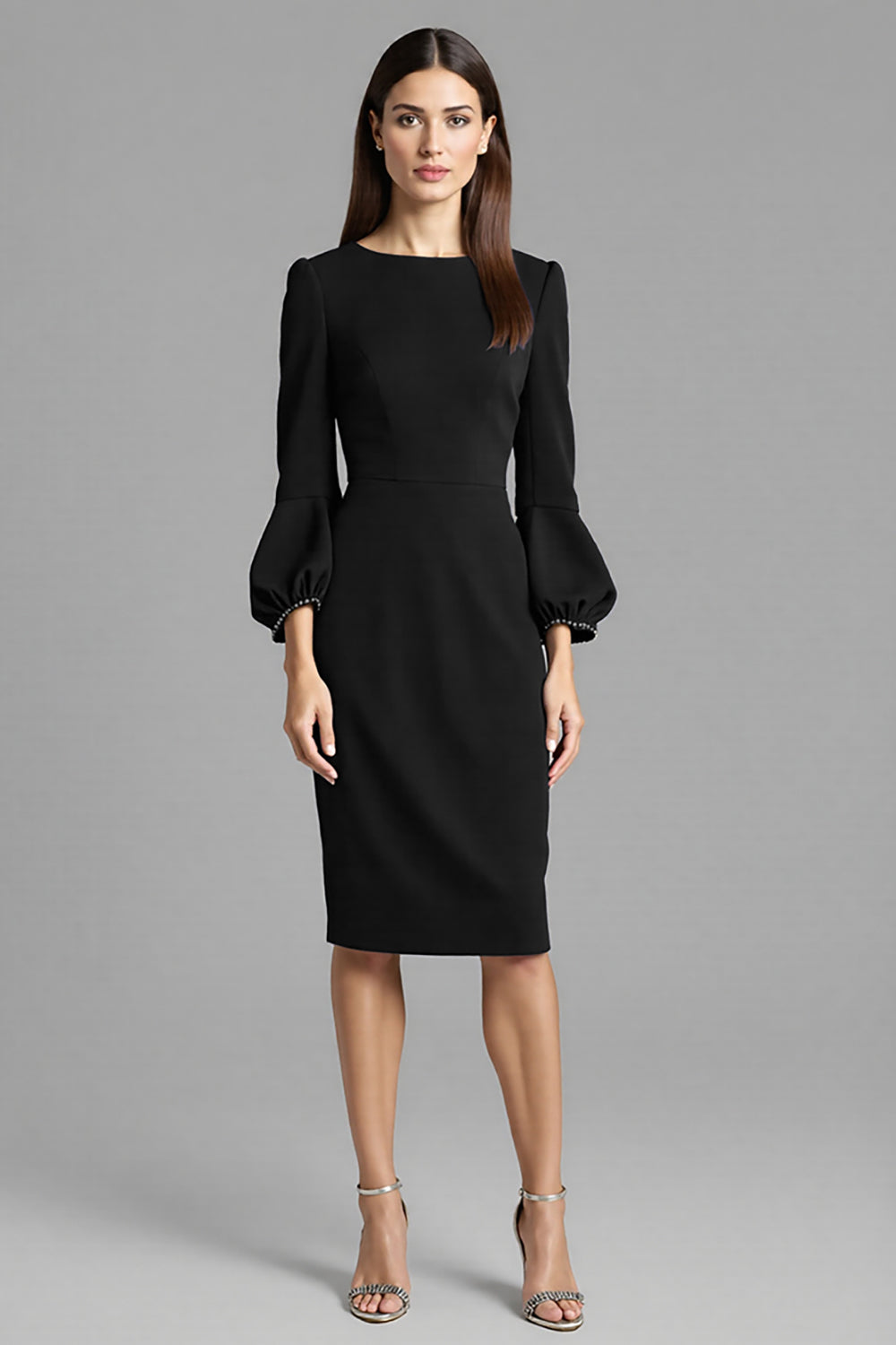 Royal Blue Satin Bodycon Bateau Neck Midi Work Dress with Sleeves