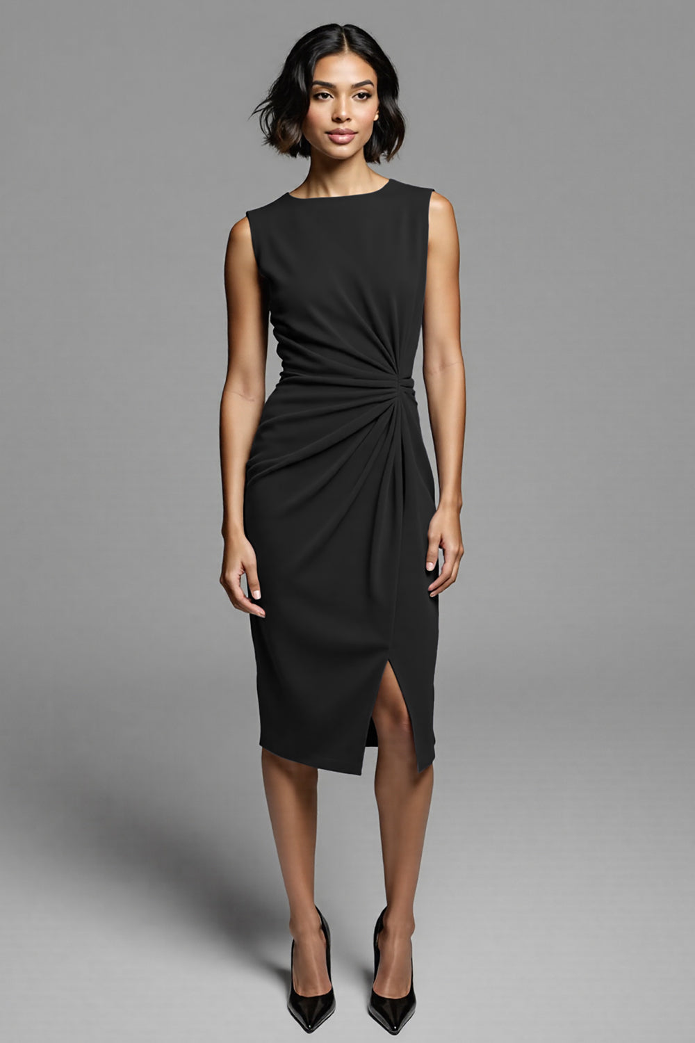 Royal Blue Satin Bodycon Midi Ruched Work Dress with Slit