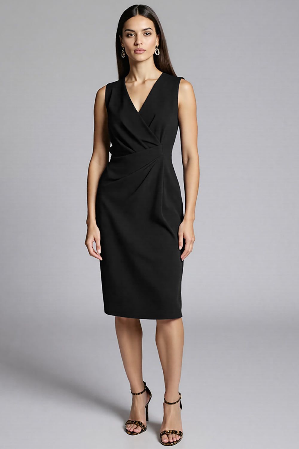 Royal Blue Satin Bodycon V-Neck Midi Work Dress