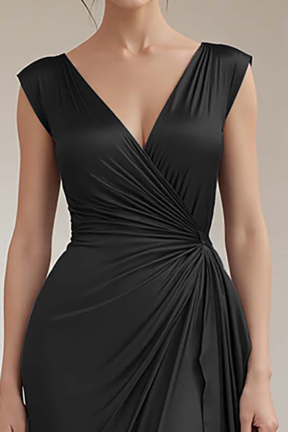 Grey Blue V-Neck Sheath Long Ruched Formal Dress with Ruffles