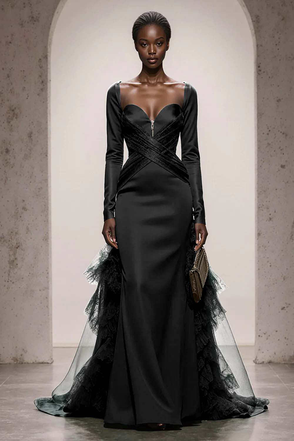 Dark Green Satin Mermaid Sweetheart Long Sleeves Formal Dress with Ruffles