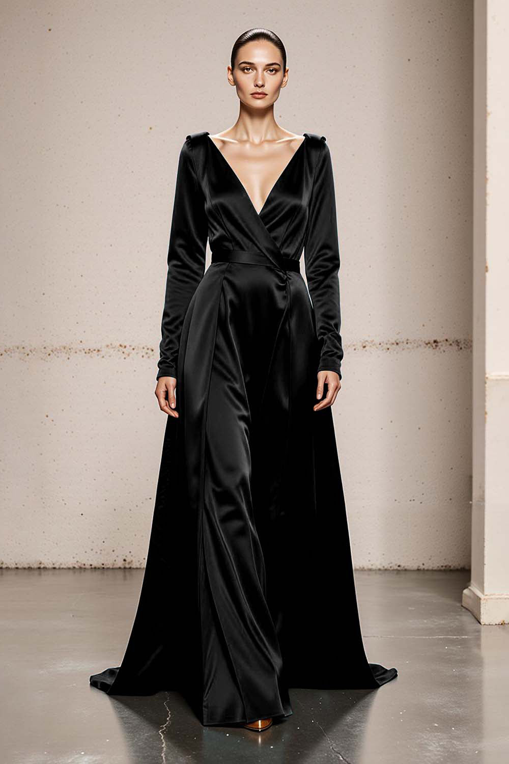Peacock Green V-Neck Satin A Line Long Formal Dress with Sleeves