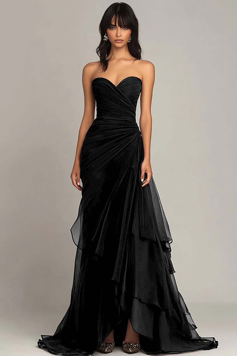 Dark Brown Sweetheart Ruched Long Formal Dress with Ruffles