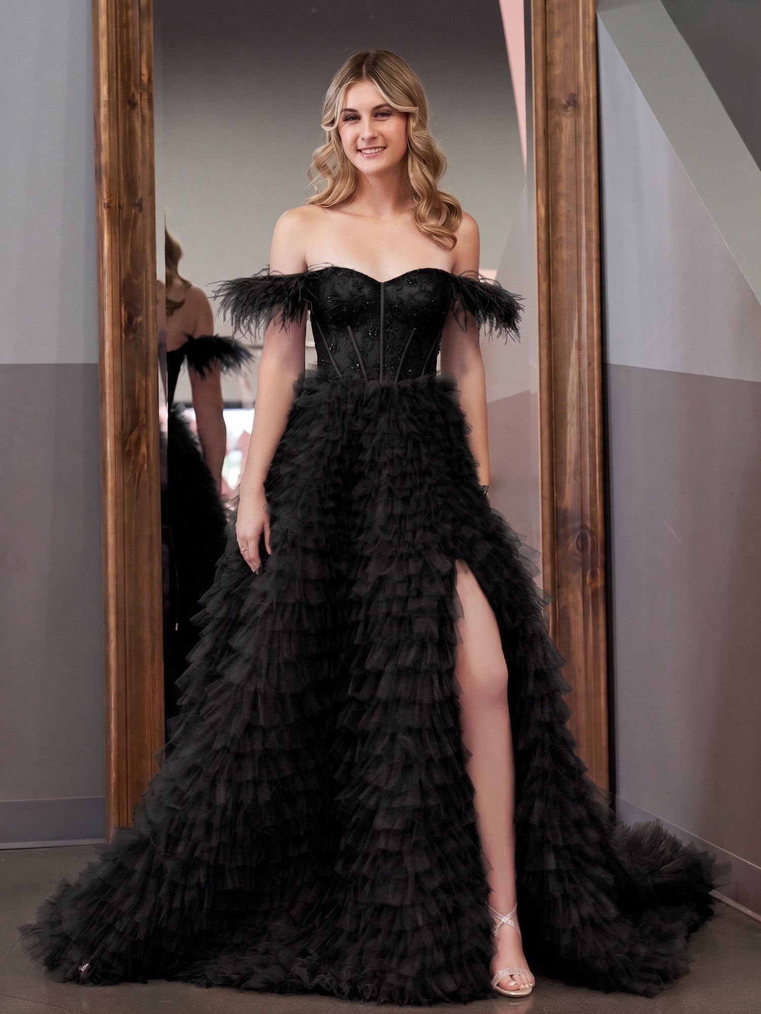 A Line Sweetheart Tiered Tulle Long Prom Dress With Slit
