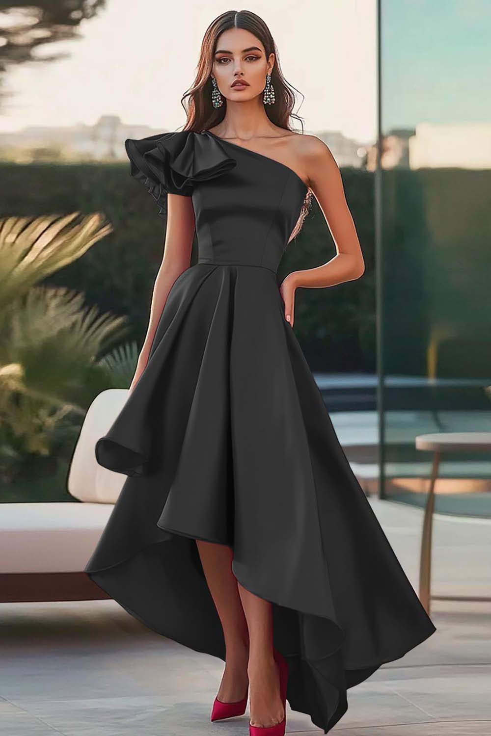Fuchsia A Line One Shoulder Satin Long Formal Dress