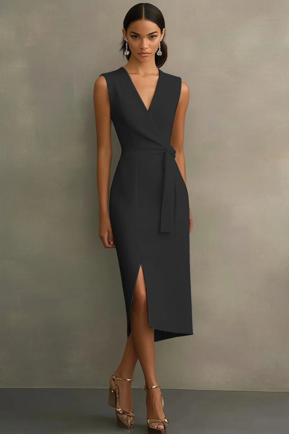 Dusty Rose Satin V-Neck Midi Formal Dress with Belt