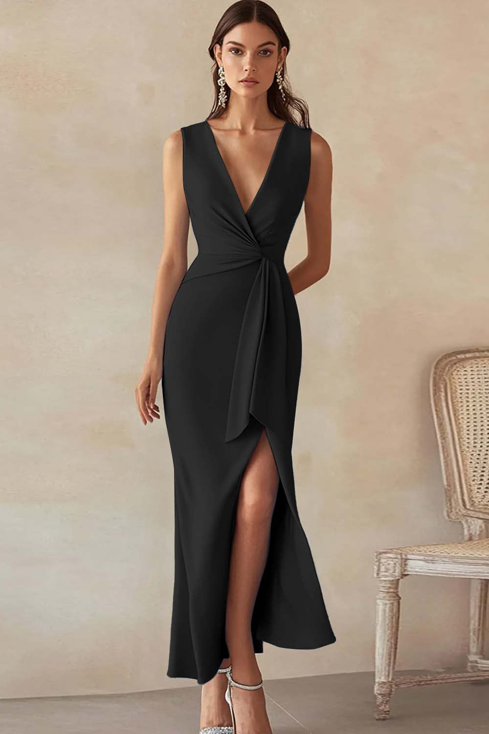 Sky Blue Satin Sheath Deep V-Neck Long Work Dress with Slit