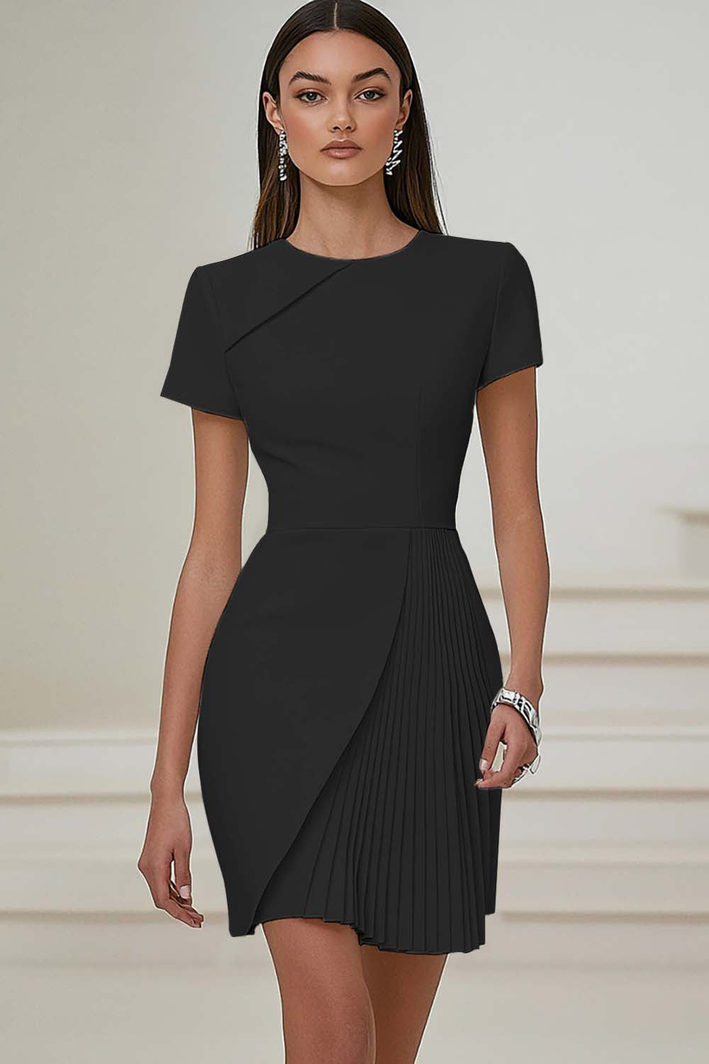White Bodycon Round Neck Satin Short Sleeve Work Dress