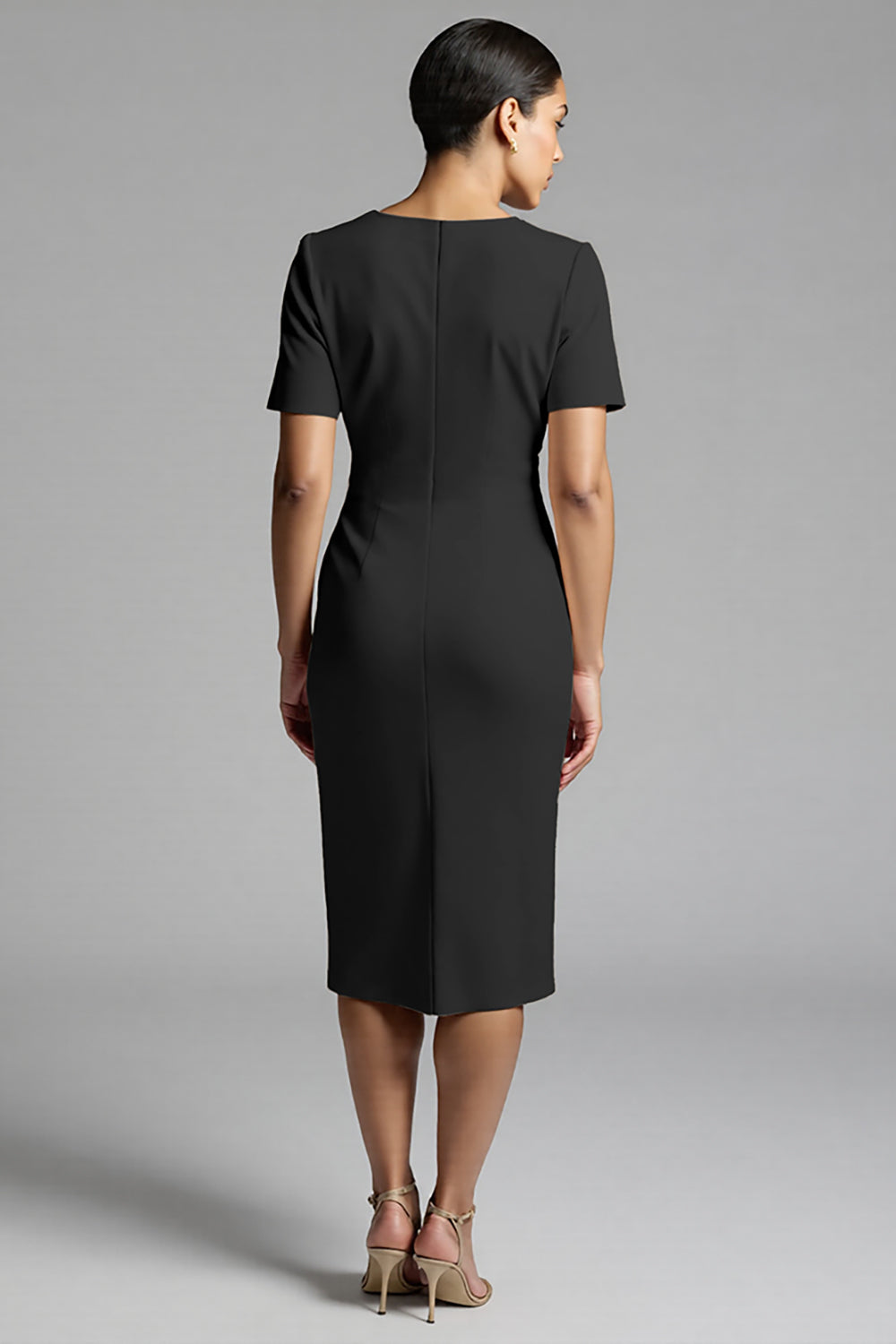 Champagne Bodycon V-Neck Midi Satin Work Dress with Short Sleeves