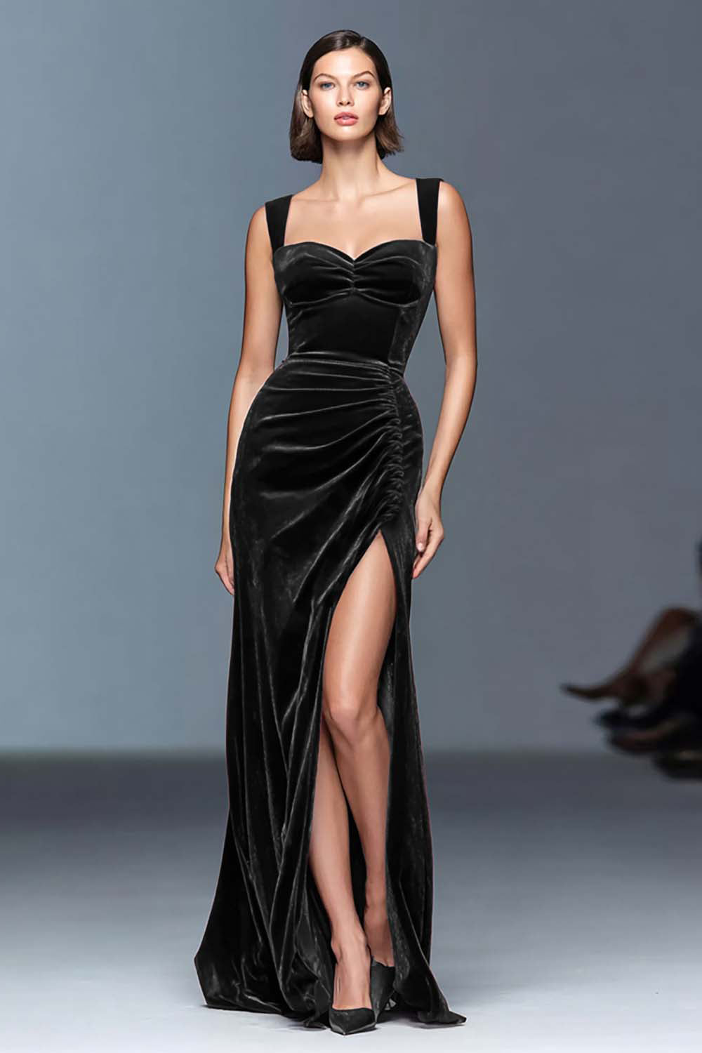 Burgundy Velvet Sheath Ruched Long Holiday Party Dress with Slit