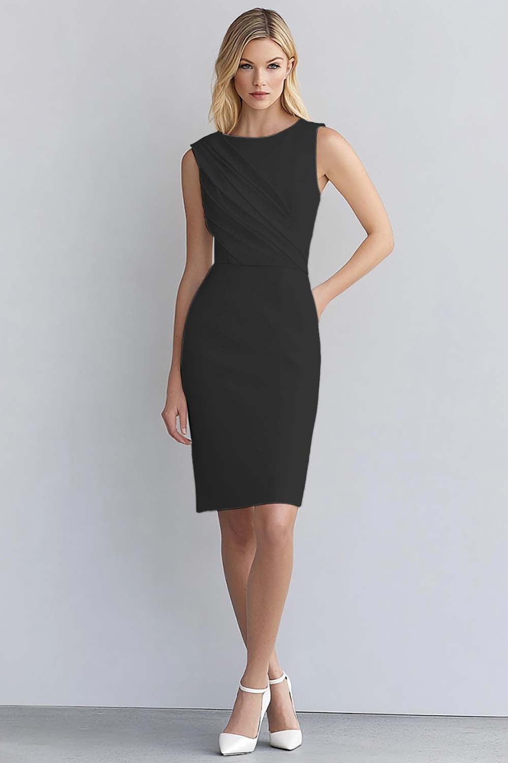Dusty Blue Bodycon Ruched Scoop Neck Sleeveless Short Work Dress