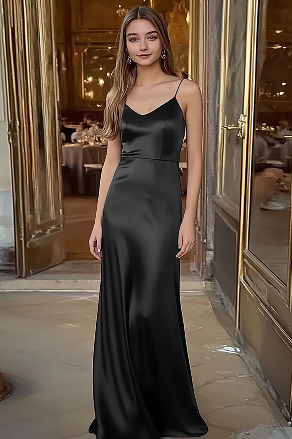 Royal Blue Satin Spaghetti Straps Long Sheath Formal Dress