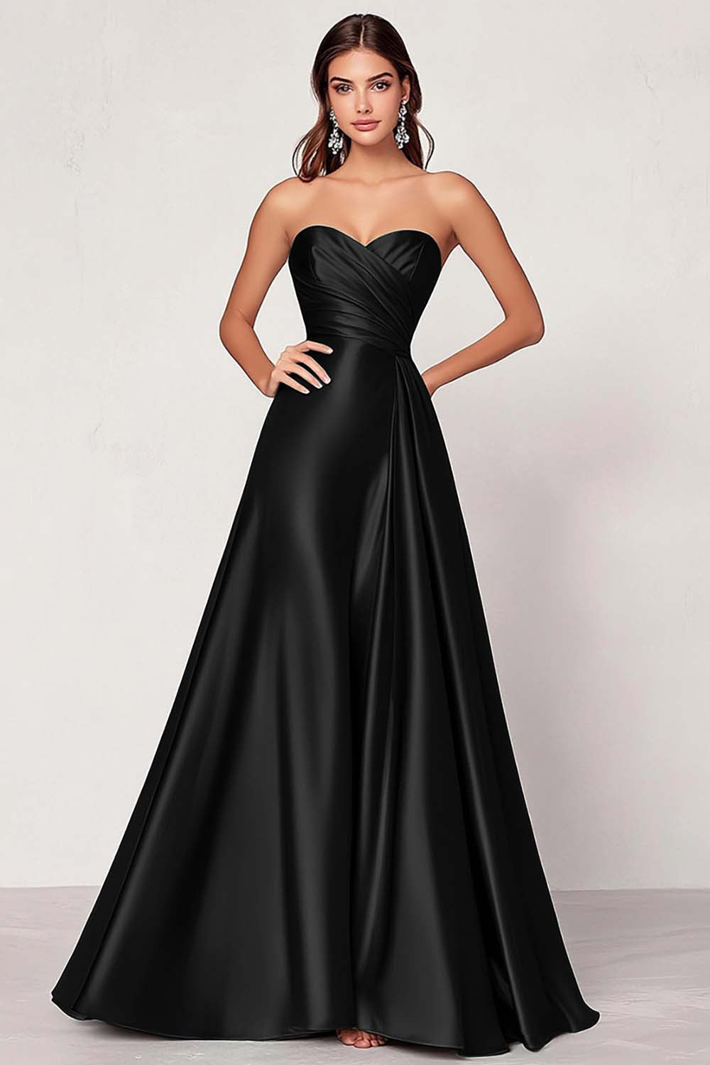 Dusty Blue Satin A Line Sweetheart Long Ruched Prom Dress