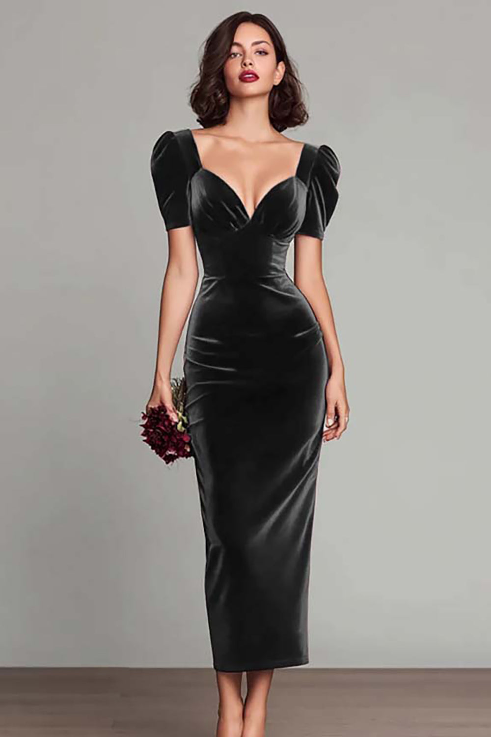 Simple Burgundy Velvet Sheath Long Holiday Party Dress with Sleeves