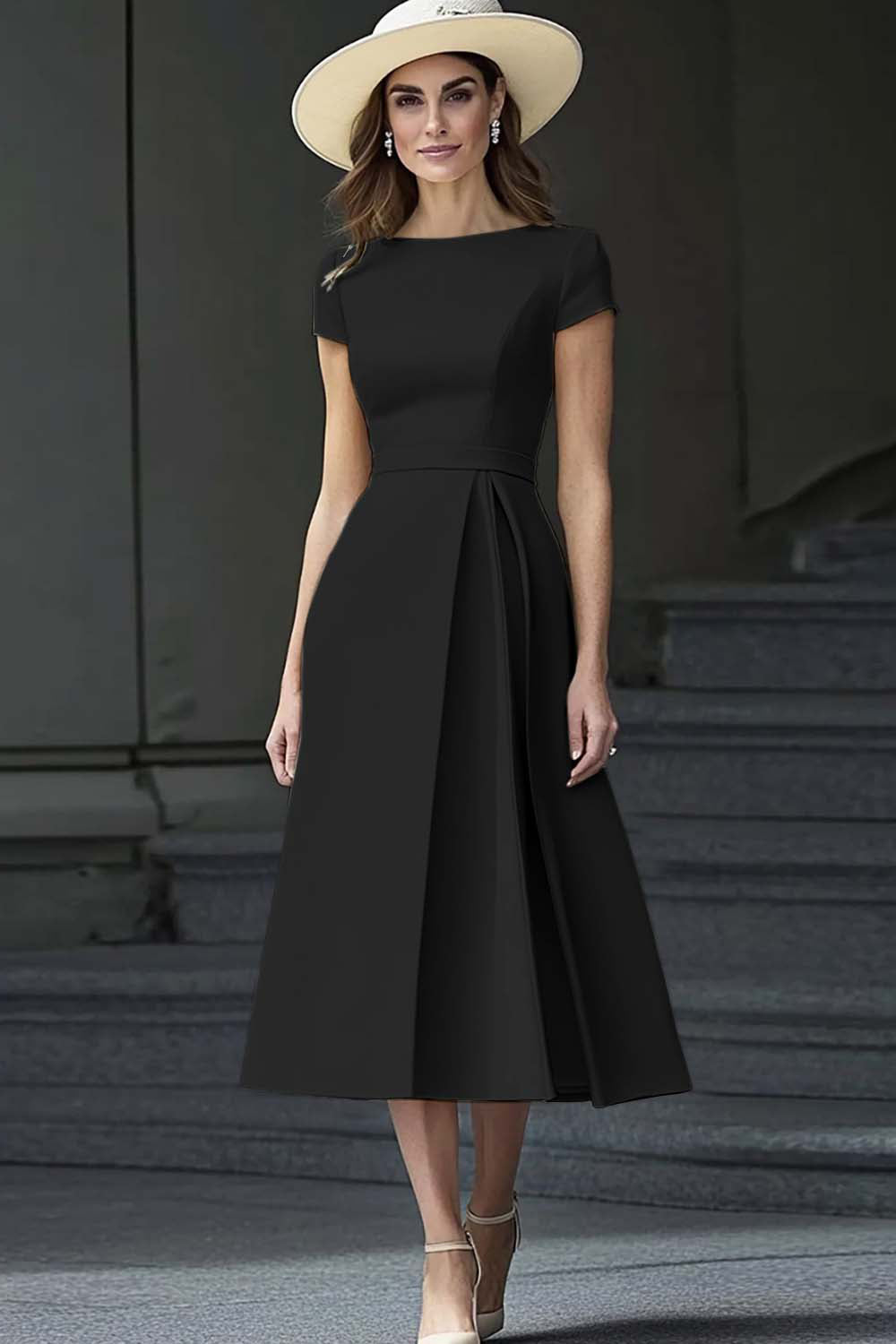 Daffodil A Line Satin Bateau Neck Midi Work Dress with Sleeves