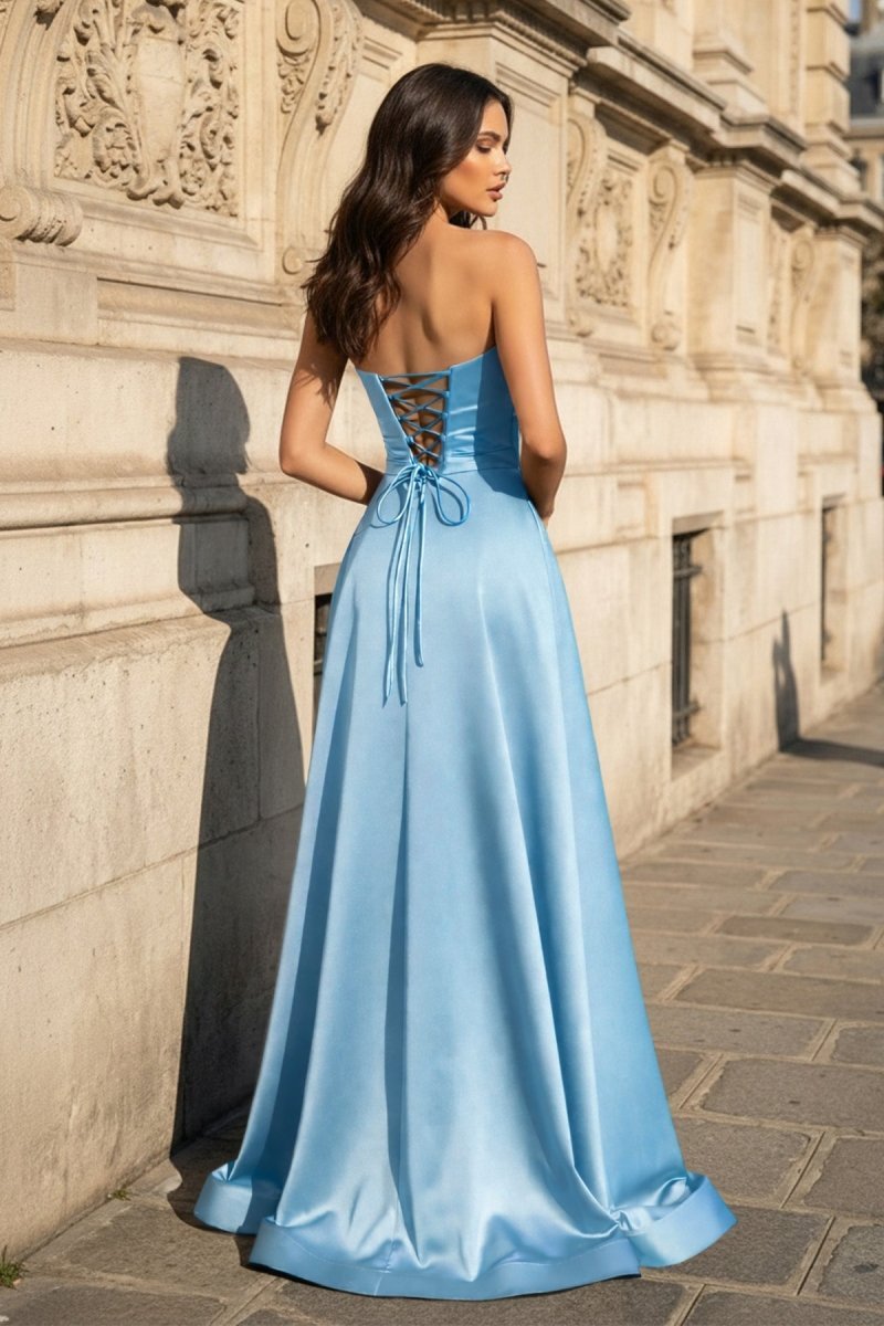 A Line Black Strapless Satin Prom Dresses With Slit
