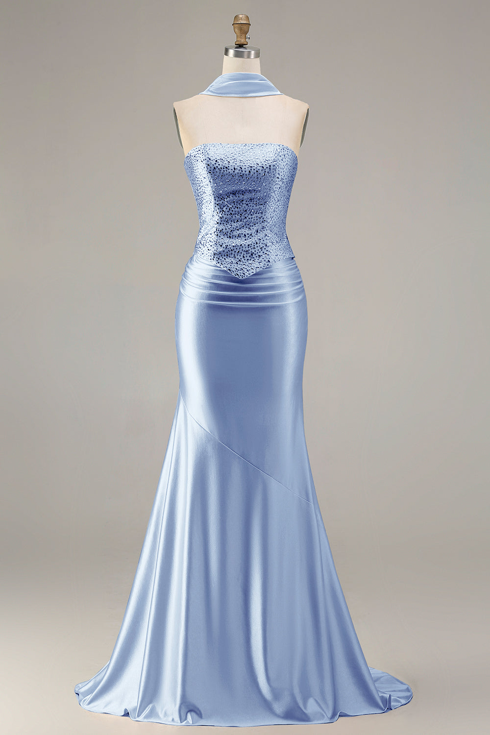 Sparkly Champagne Mermaid Neck Scarf Long Prom Dress with Beading