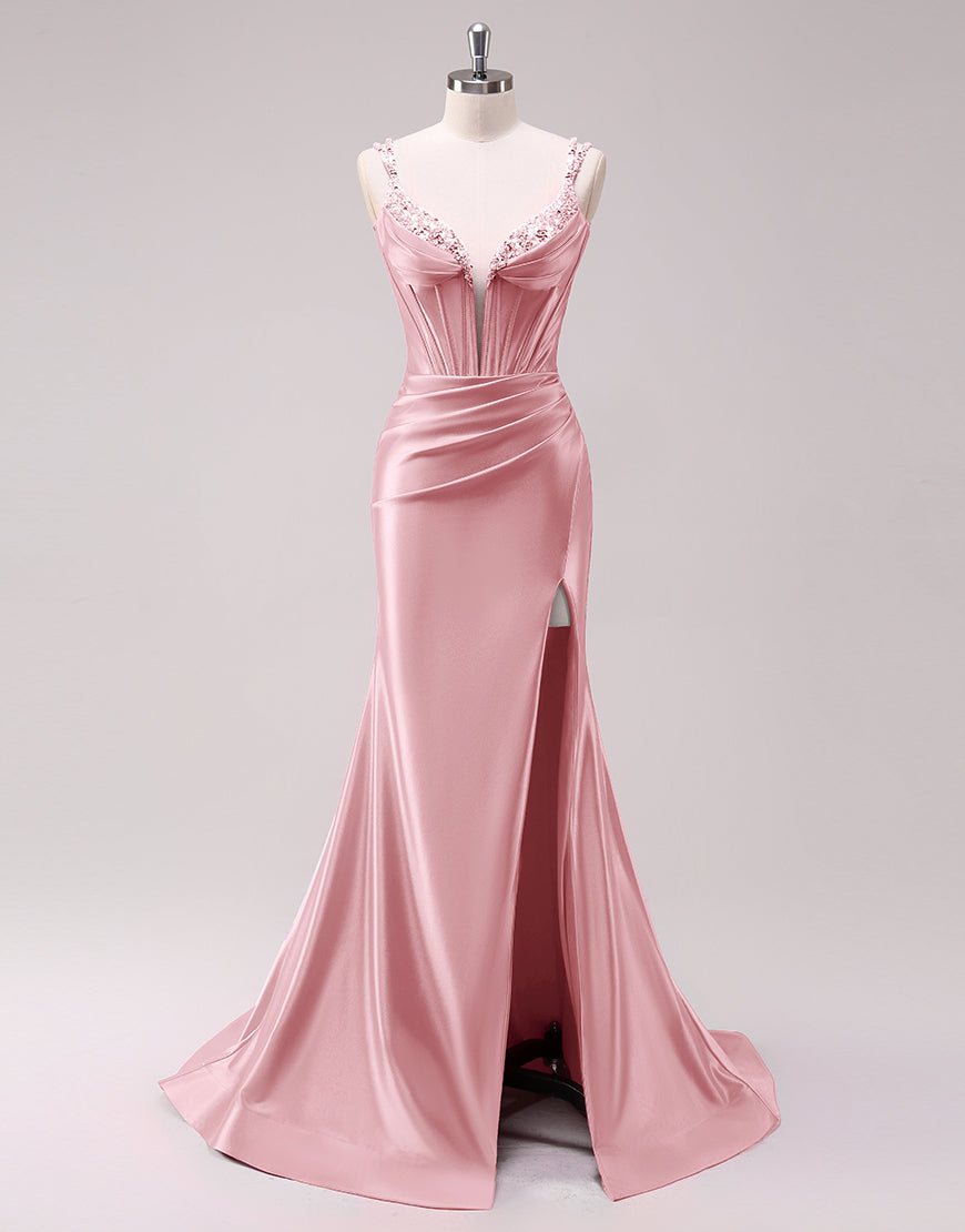 Sparkly Fuchsia Corset Sequined Long Prom Dress with Slit