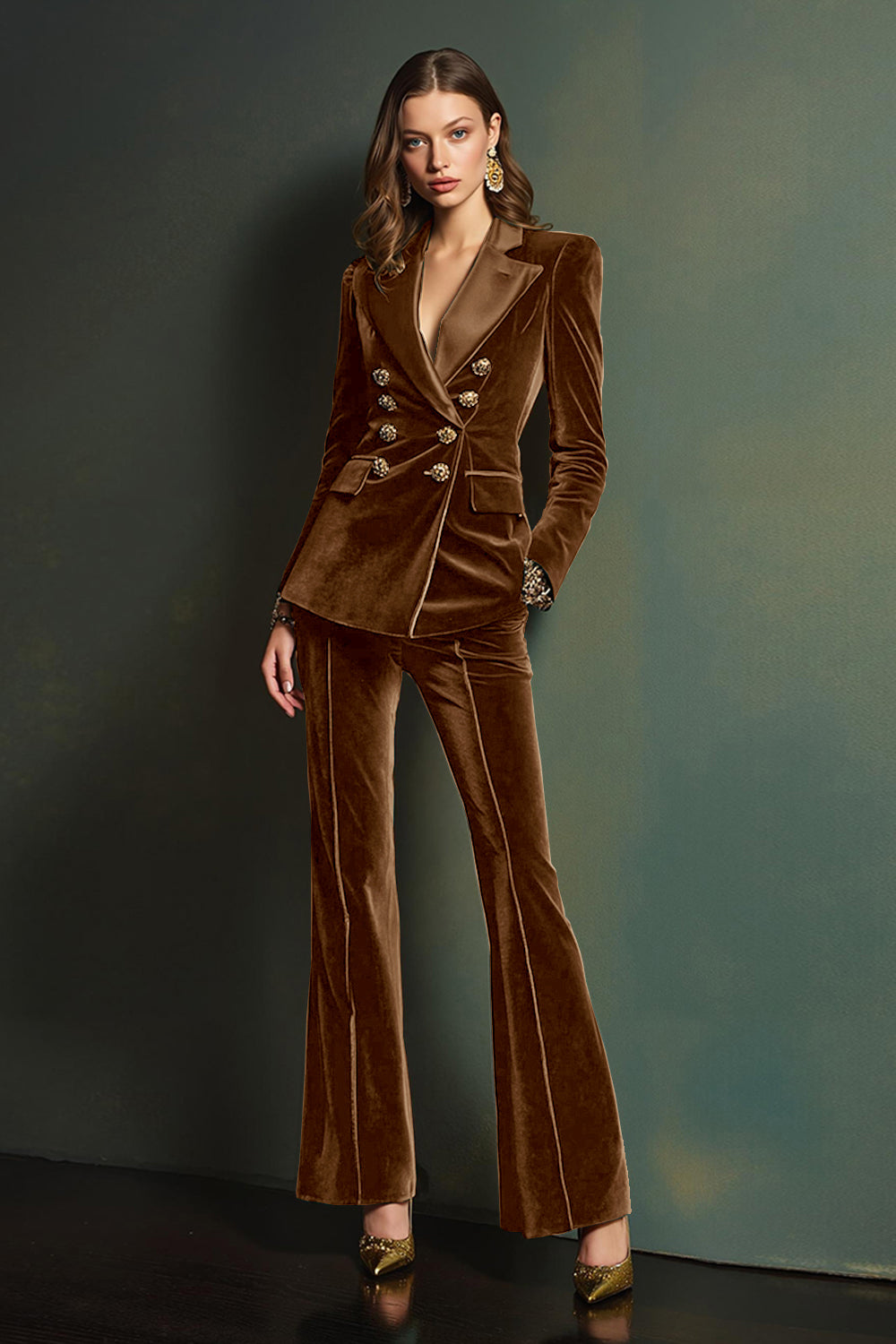 Dark Green Velvet Double Breasted 2 Piece Women Prom Suits with Sleeves