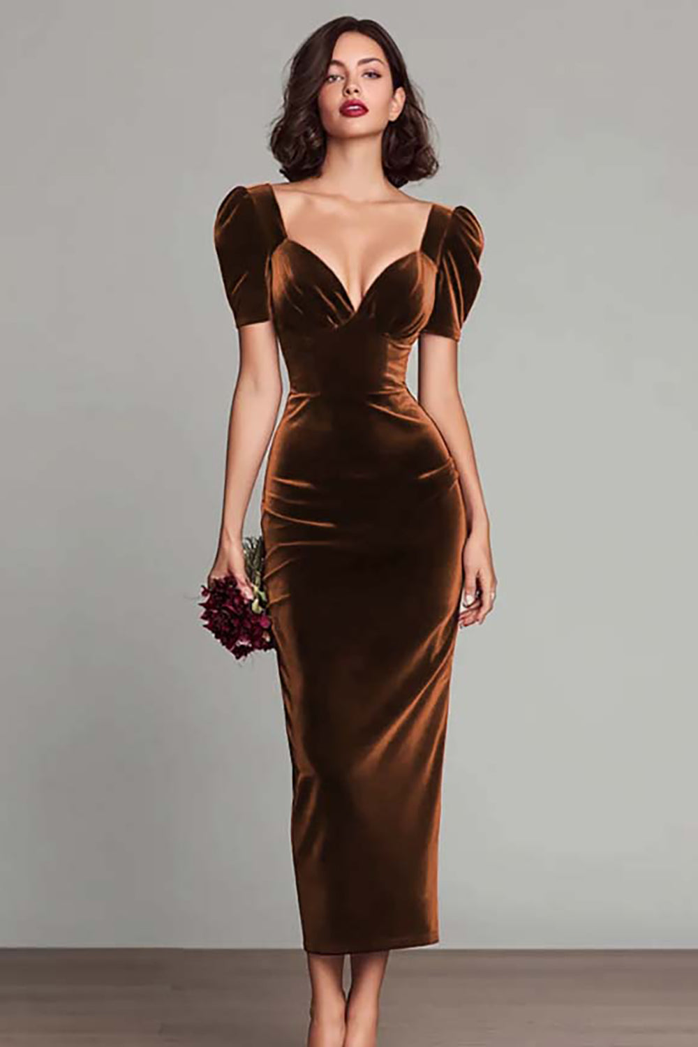 Simple Burgundy Velvet Sheath Long Holiday Party Dress with Sleeves