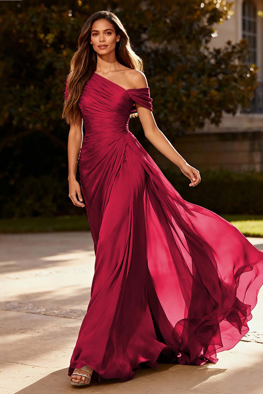 Plus Size Dusty Sage Chiffon A Line Ruched Long Formal Dress with Side Cape