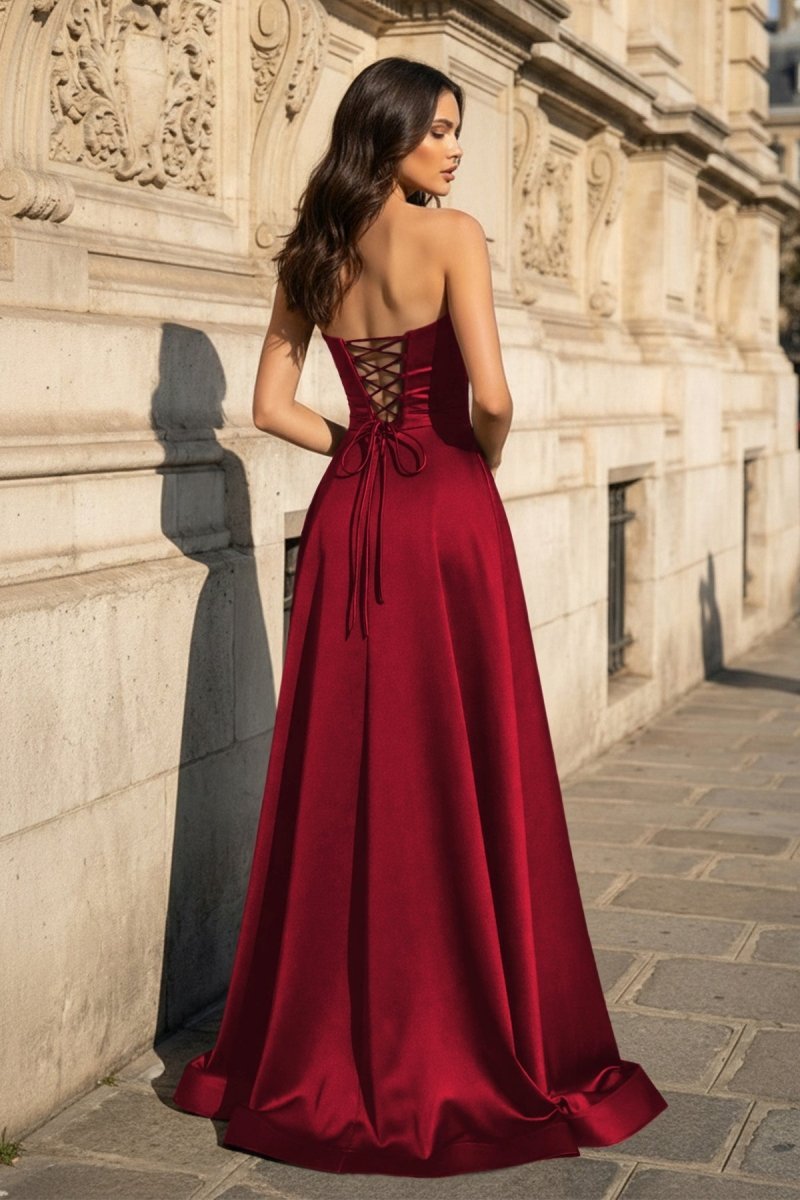 A Line Black Strapless Satin Prom Dresses With Slit