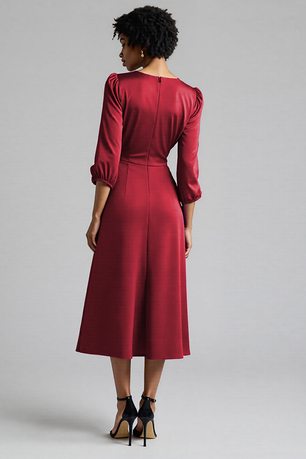 Plum Satin A Line Midi Ruched Work Dress with Half Sleeves