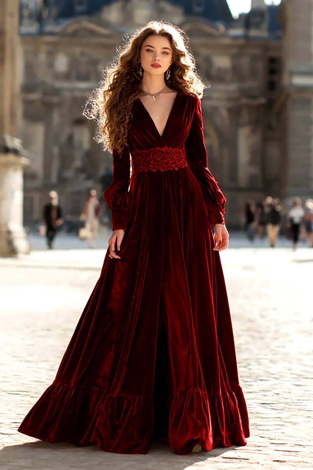 Brown Velvet A Line V-Neck Long Sleeves Formal Dress with Ruffles