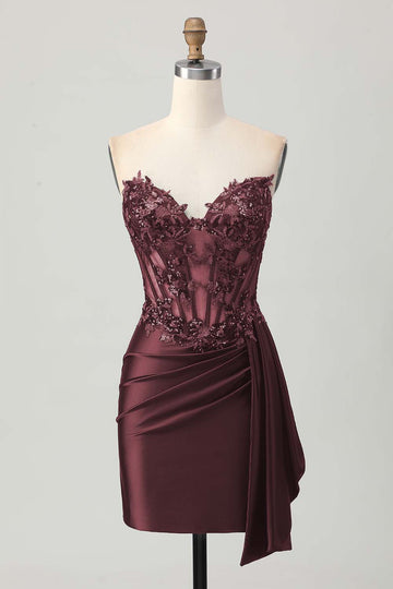 Sparkly Burgundy Corset Tight Short Homecoming Dress with Sequins