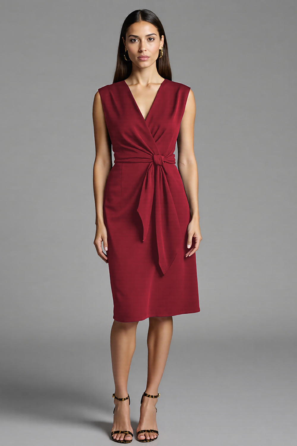 Royal Blue Satin Bodycon Ruched V-Neck Midi Work Dress