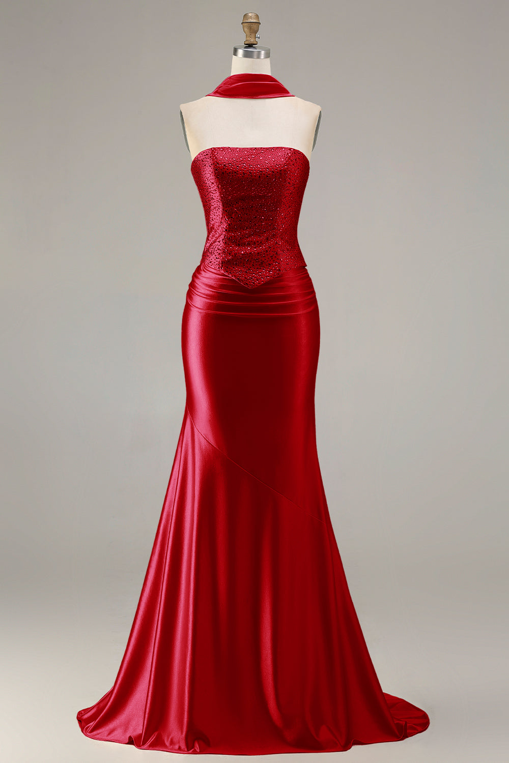 Sparkly Champagne Mermaid Neck Scarf Long Prom Dress with Beading
