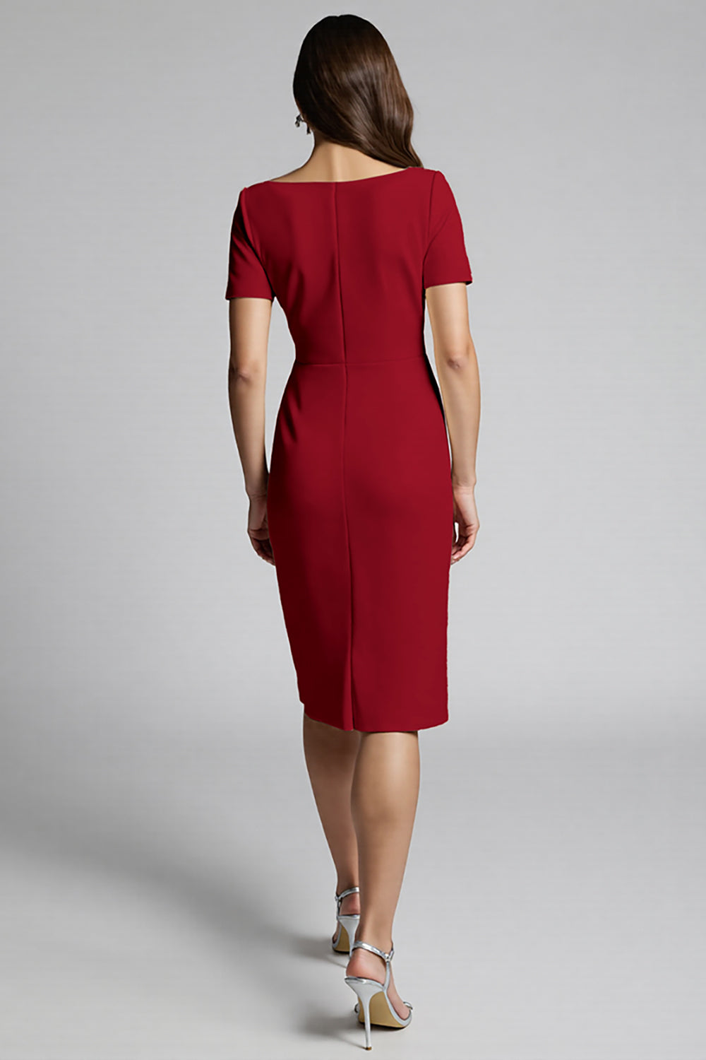 Dusty Blue Bodycon Square Neck Midi Satin Work Dress with Slit