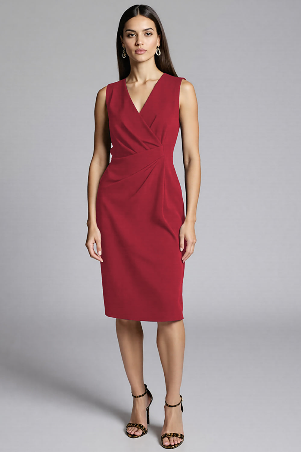 Royal Blue Satin Bodycon V-Neck Midi Work Dress