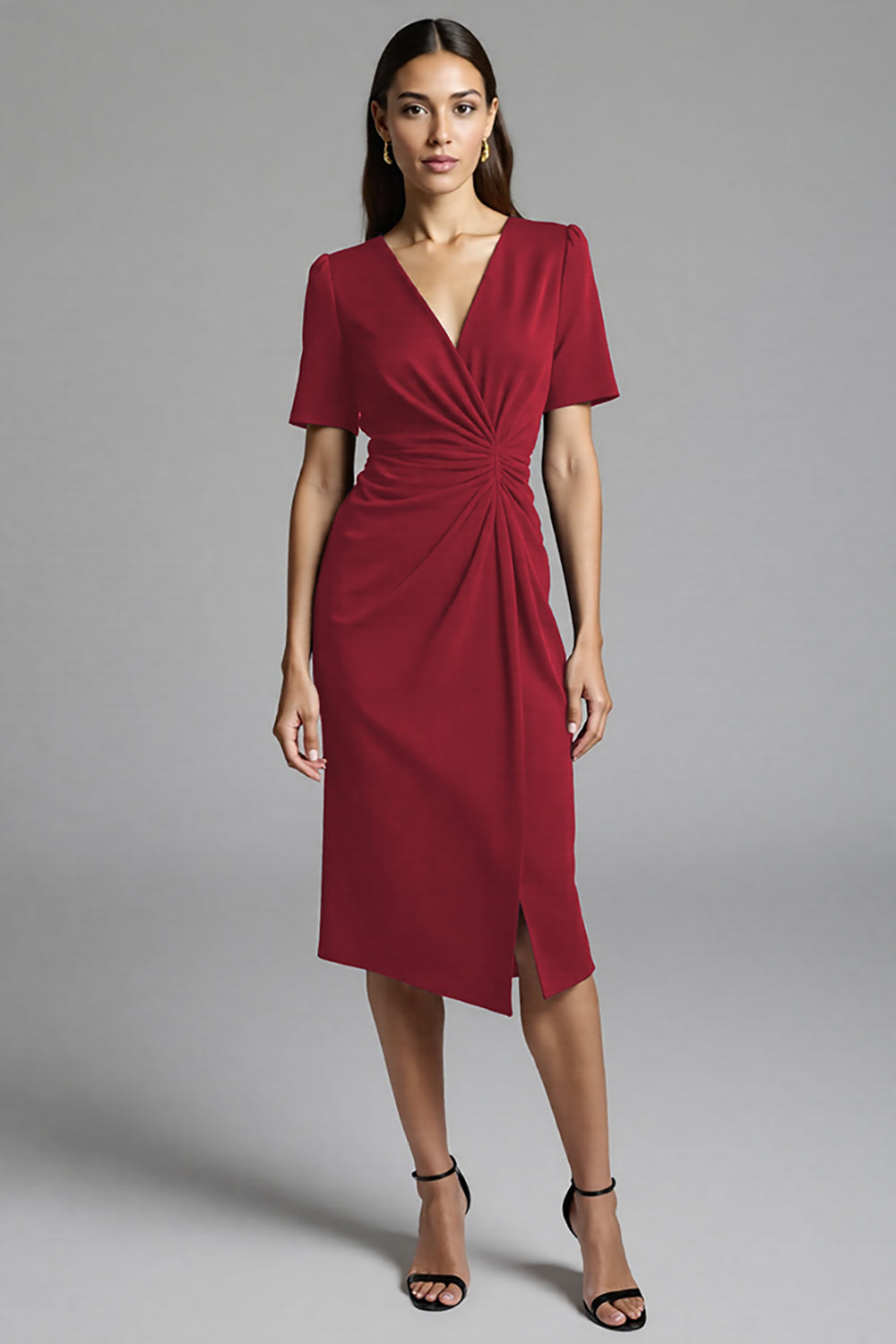 Royal Blue Bodycon V-Neck Midi Satin Work Dress with Short Sleeves