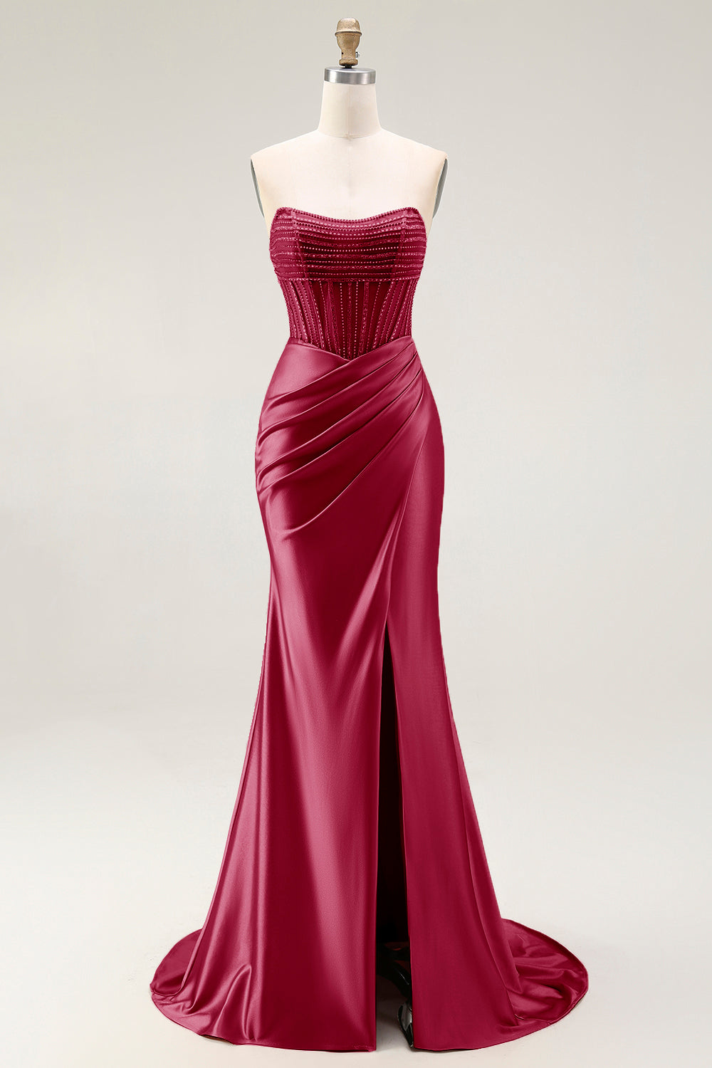 Sparkly Blush Mermaid Strapless Ruched Long Prom Dress with Slit
