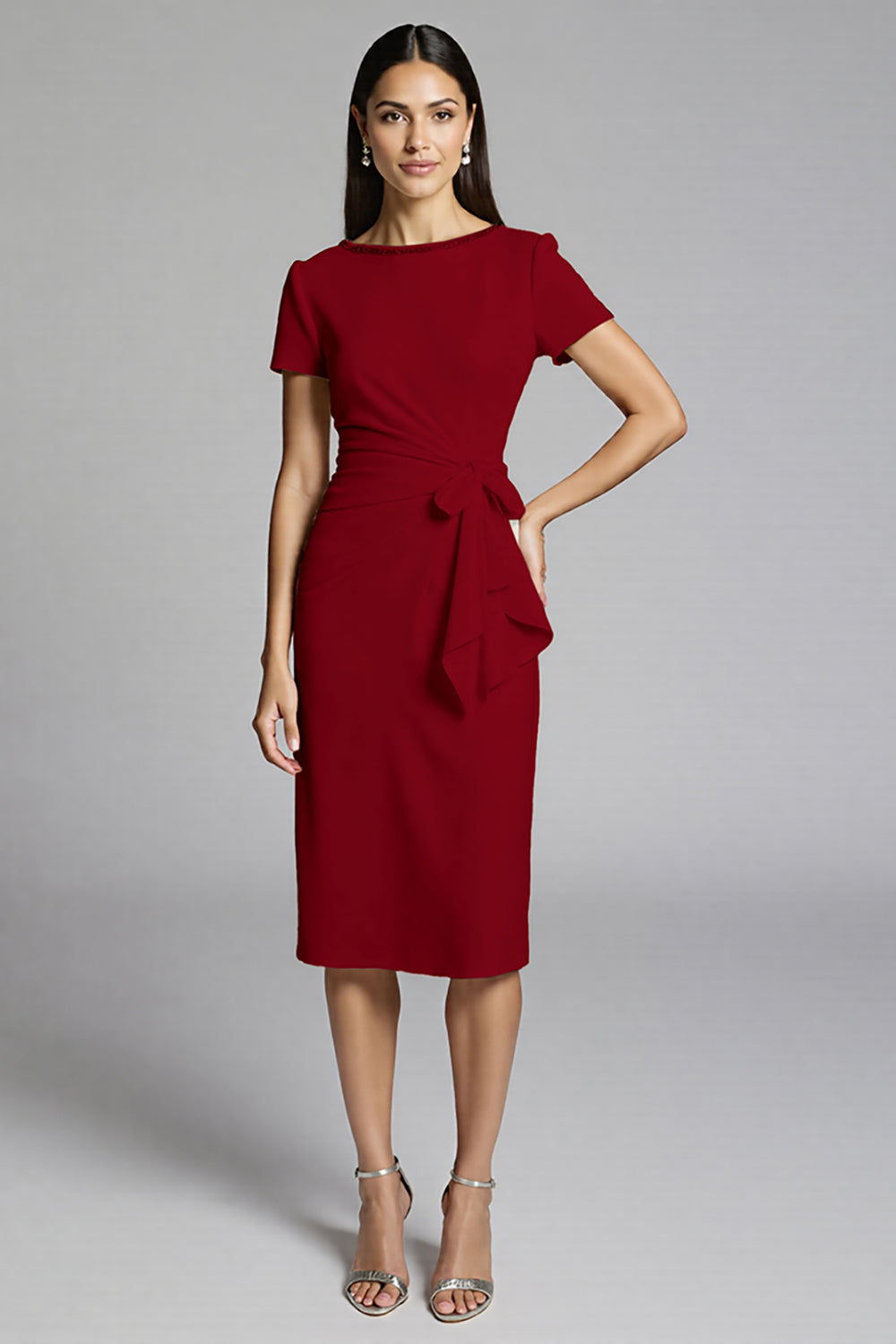 Royal Blue Bodycon Ruffled Satin Midi Work Dress with Ruffles