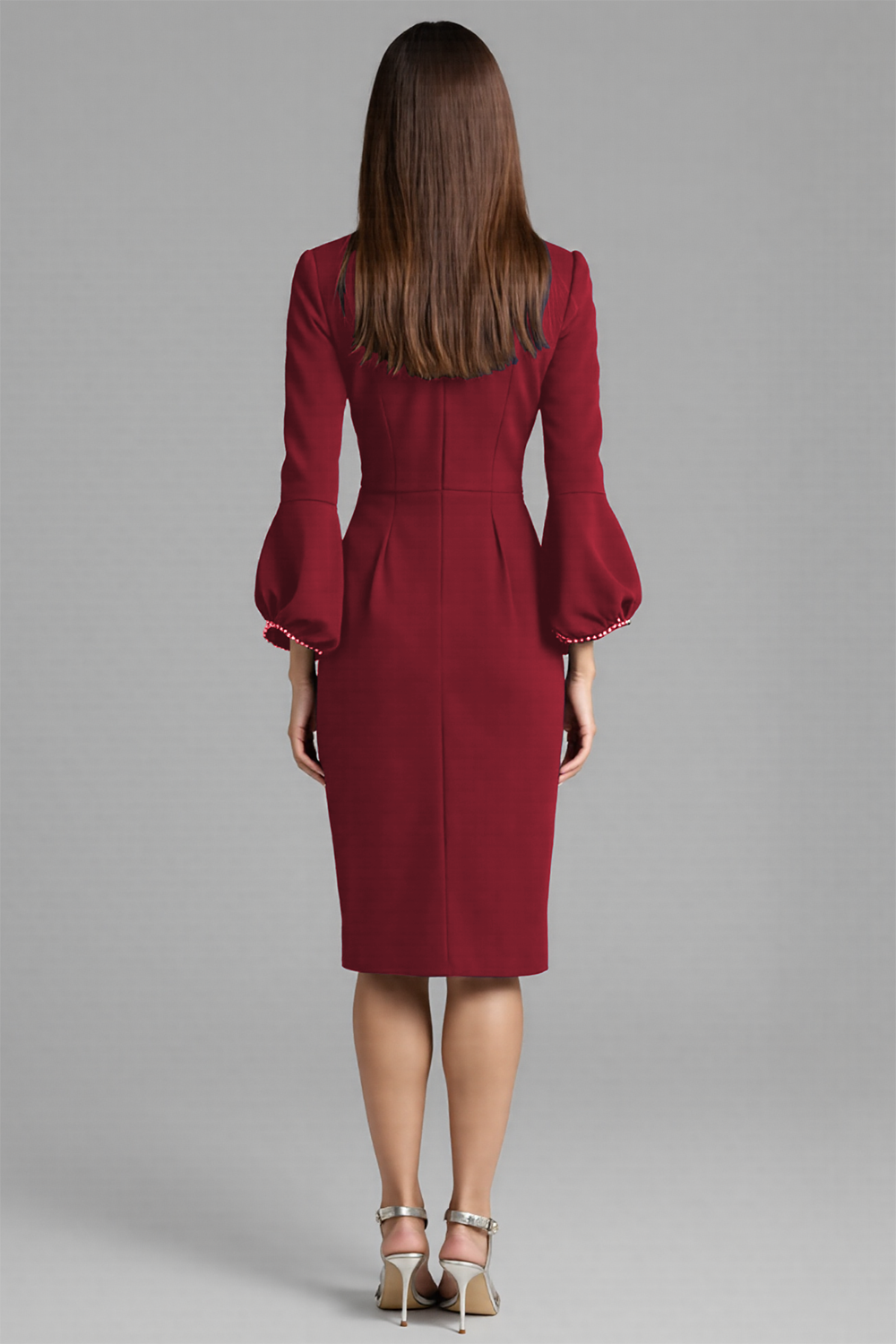 Navy Satin V-Neck Bodycon Midi Work Dress with Long Sleeves