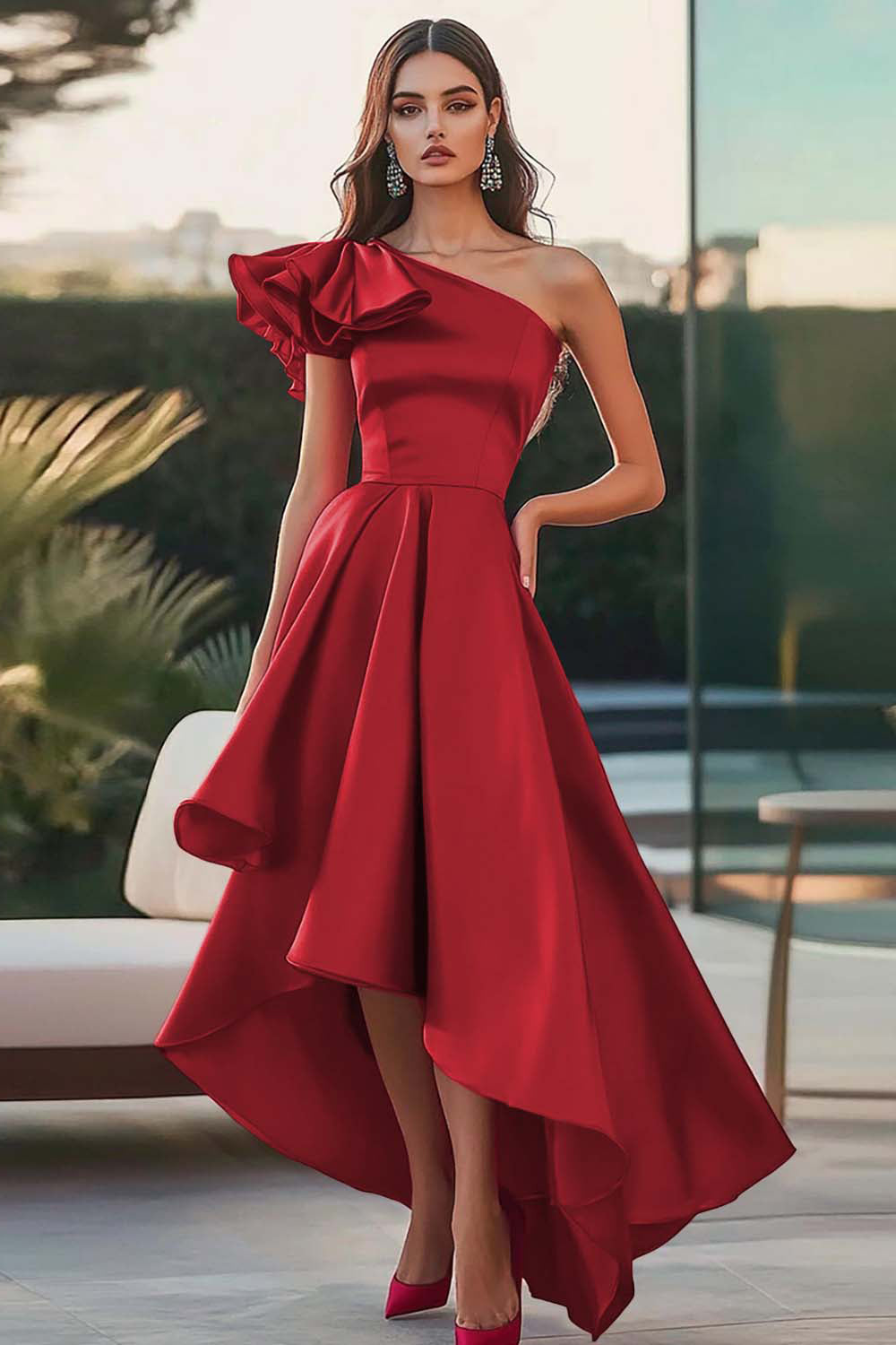 Fuchsia A Line One Shoulder Satin Long Formal Dress